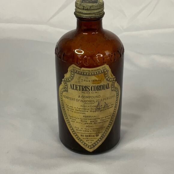 ANTIQUE ALETRIS CORDIAL AMBER BOTTLE OLD CURE FOR MENSTRUAL CRAMPS MENOPAUSE
